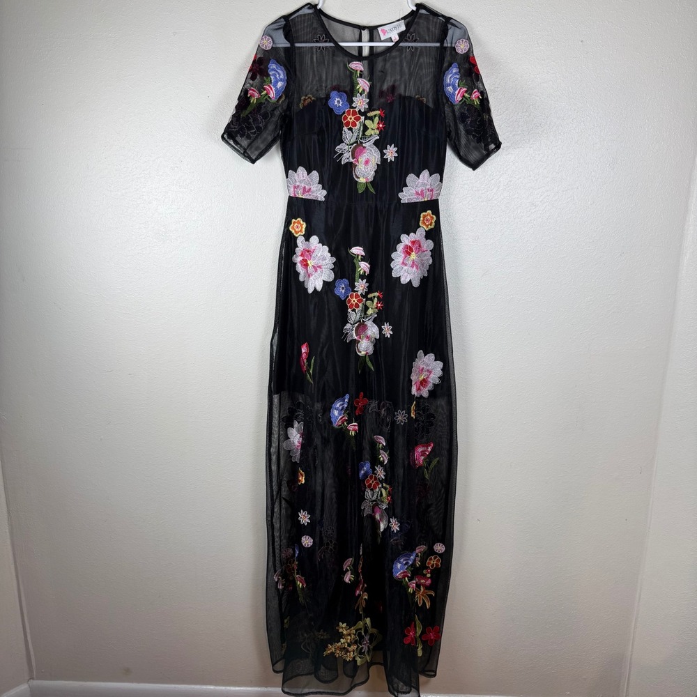 L'atiste by Amy Black Floral Embroidered Mesh Maxi Dress Womens Small